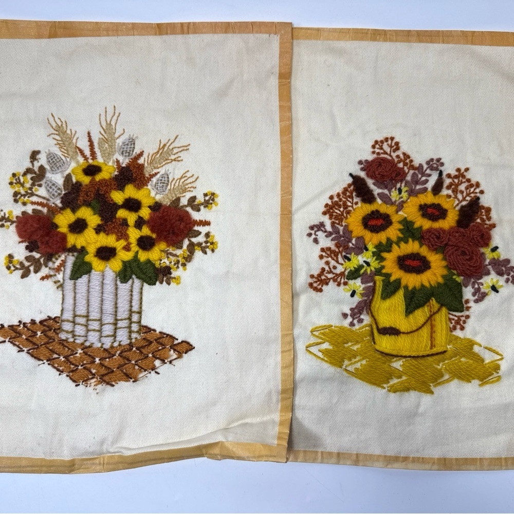 Vtg Crewel hand Embroidered Floral Wall Art 1970’s